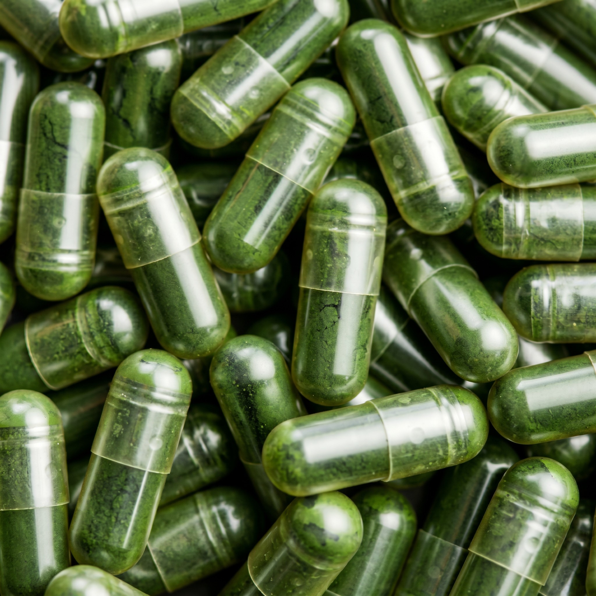 A close-up pile of small green phytovive capsules